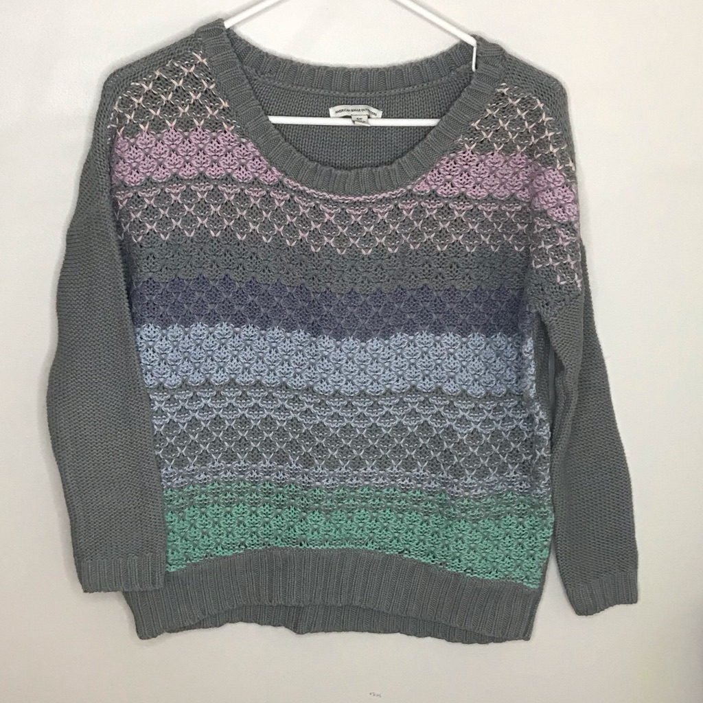 Gray Multicolor Striped Stitch Crewneck Sweater